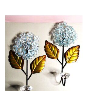 Pier 1 Blue Hydrangea Wall Hooks Decorative Metal Flowers with Gold Leaves